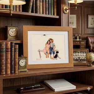 Norman Rockwell Boy and Girl on Bench Framed Art Print Oak Wood Frame Americana